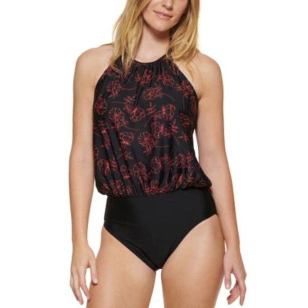 NWT Calvin Klein Women's Printed Blouson One-Piece Black Size 4-10 $120 FF317